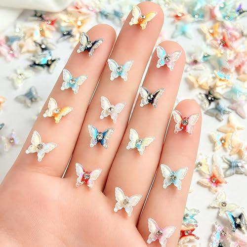 50Pcs 3D Butterfly Nail Charms Iridescent Resin Rhinestones for DIY Manicure
