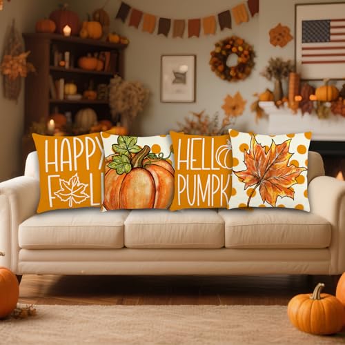 Feivando Fall Pillow Covers, 18x18 Orange Polka Dot Linen Cushion Case Set