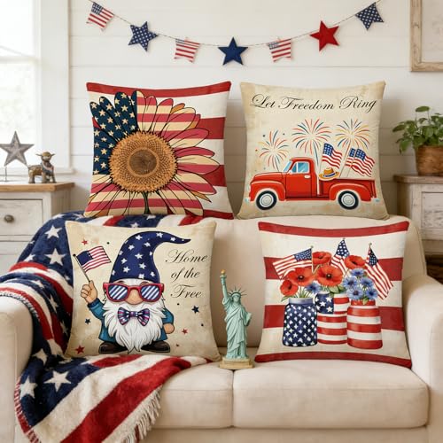 4th of July Patriotic Pillow Covers - 18x18 Inch Set of 4