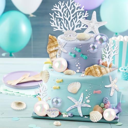 30PCS Beach Themed Cake Decorations - Starfish & Shell Toppers