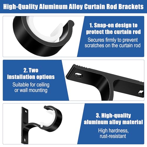 Lusofie 2Pcs Ceiling and Wall Mount Curtain Rod Brackets Black