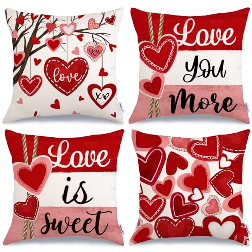 GEEORY Valentine's Day Throw Pillow Covers Set of 4 - 18x18 Inch Red Hearts