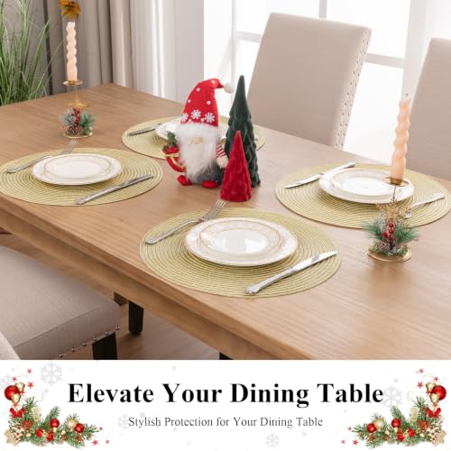 Set of 8 Gold Round Braided Placemats - 15 Inch Washable Table Mats for Dining & Holiday