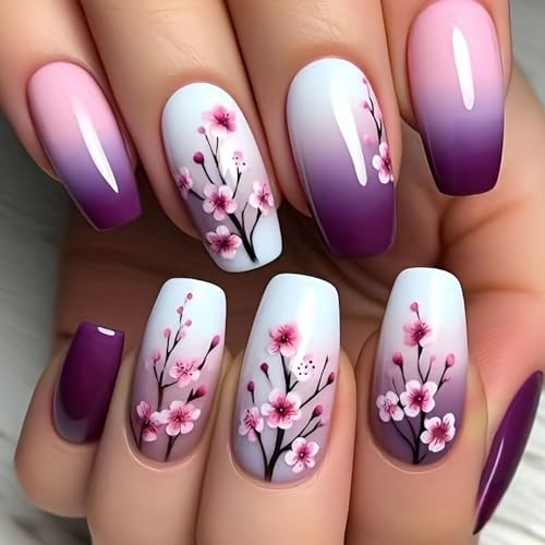 GRITOSE Purple White Gradient Square Press-On Nails 24 Pcs Glossy