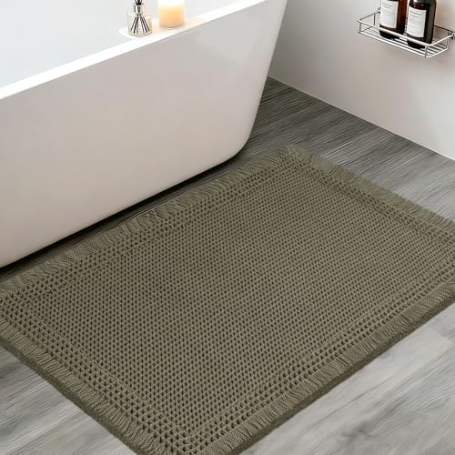 ACCUMTEK Waffle Bath Mat 36x24 in Greyish Green Bordered Non-Slip Quick Dry Bathroom Rug