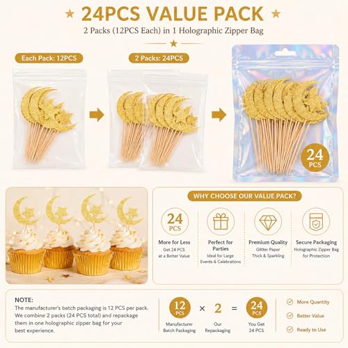 24 Pcs Star Moon Cupcake Toppers - Golden Glitter Decorations