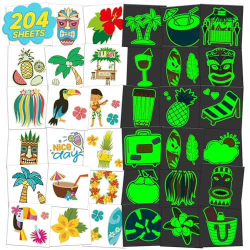 EMOME Glow in the Dark Temporary Tattoos for Kids 204 Sheets Hawaiian Luau Party Favors