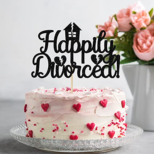 Happily Divorced Cake Topper - Black Glitter Divorce Party Decoration