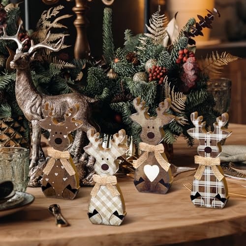 Wooden Reindeer Christmas Decor Set - Farmhouse Rustic Holiday Accent, 6 Pieces