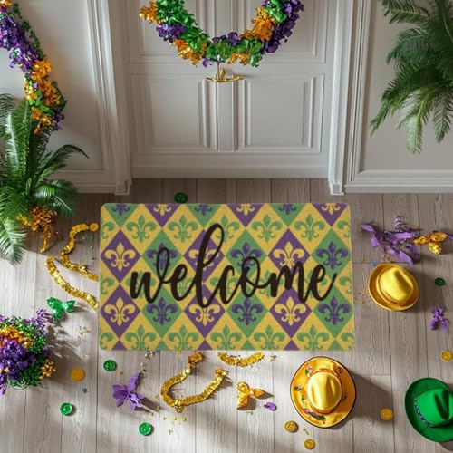 Eohak Mardi Gras Welcome Doormat 17x29 Inches Non-Slip Carnival Fleur-De-Lis Outdoor Entry Rug