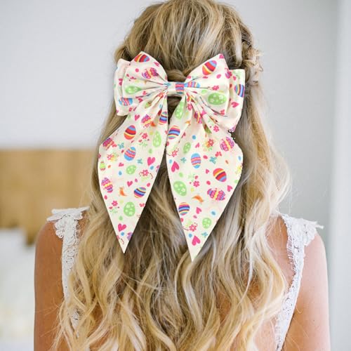 ANBALA 2Pcs Easter Hair Bow Clips, 10 Inch Big Satin Ribbon Barrettes with Tail for Women and Girls