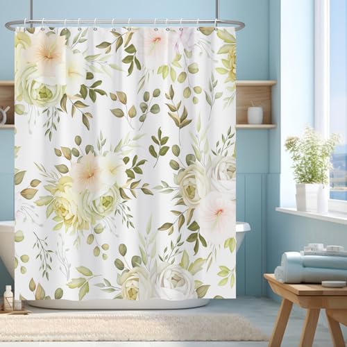 Light Yellow Floral Shower Curtain Set 72"x72" with Hooks