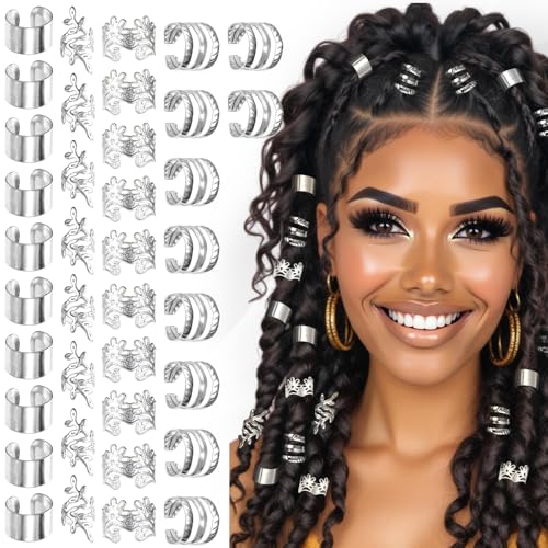 Ymapinc 40Pcs Silver Hair Cuffs for Braids & Dreadlocks Metal Jewelry