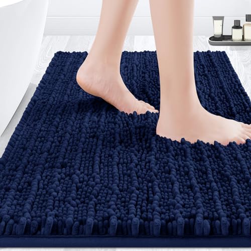 ACCUMTEK Luxury Navy Blue Bathroom Rug Mat 32"x20" - Ultra Soft Chenille, Non-Slip