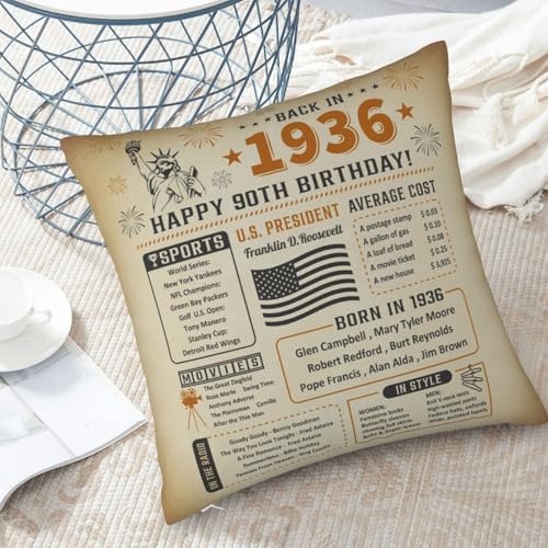 90th Birthday Gift Pillow Cover, 18"x18" Vintage 1936 Keepsake Cushion Case
