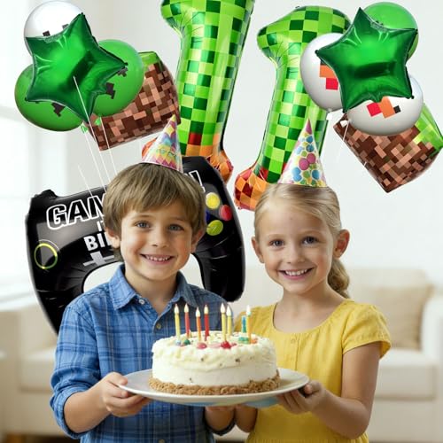 40-Inch Green Pixel Miner Balloon Set - 12Pcs Video Game Party Decorations