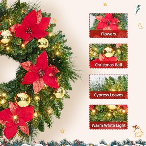 Pre-Lit Christmas Wreath 24 Inch Red and Gold Indoor Outdoor Decor with Lights