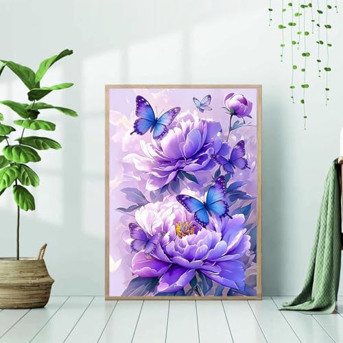 Purple Butterfly Peony 5D Diamond Painting Kit - 12x16 Inch