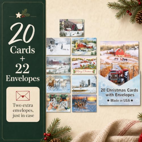 Vintage Christmas Cards Set with Envelopes - 20 Holiday Greeting Cards