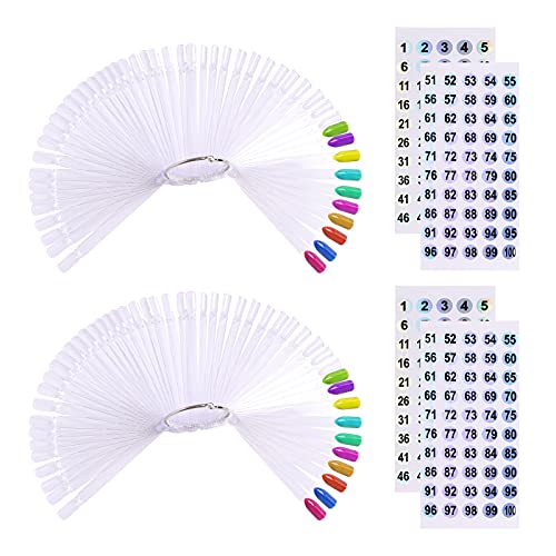 UPZIGS Nail Swatch Sticks with Ring and Number Stickers - 100 Pcs Transparent Fan Practice Tips