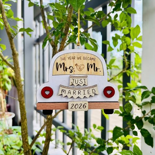 2026 First Christmas Married Ornament - Rustic Laser-Engraved Wedding Gift