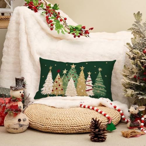 Christmas Pillow Cover 12x20 Inch - Watercolor Tree & Stars Decor