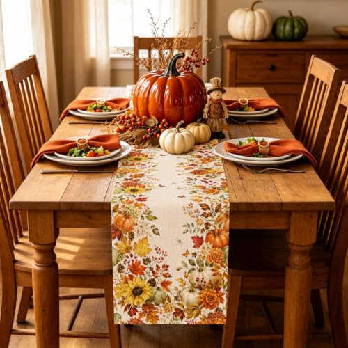 Fall Table Runner 13x72 in - Pumpkin & Maple Autumn Decor