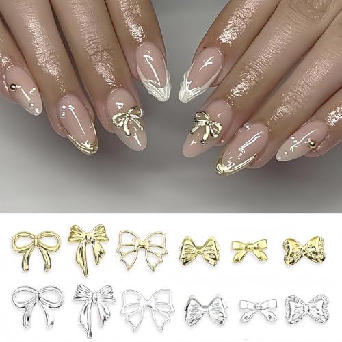 400Pcs Gold and Silver Bow Nail Charms Shiny Rhinestone Bows for DIY Manicure