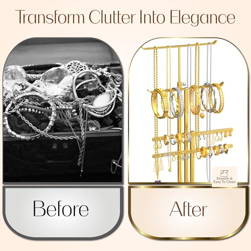 Adjustable Gold Jewelry Tower Stand Organizer for Women - Elegant Display with Necklace, Earring & Bracelet Holders