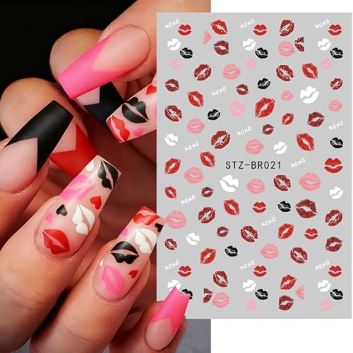 Valentine Nail Stickers - 6 Sheets 3D Self-Adhesive Heart & Lip Decals