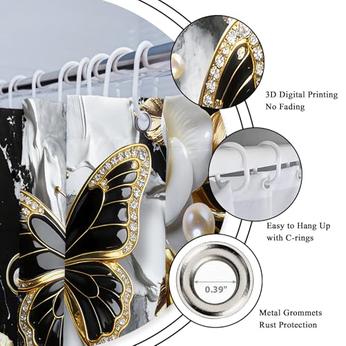 Riyidecor Black and Gold Marble Shower Curtain 72"x72" with Hooks