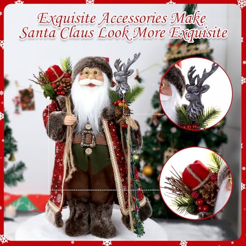 18-Inch Santa Claus Figurine with Deer-Head Cane and Sack for Christmas Home Decor