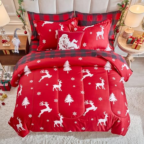 Christmas Bed in a Bag 6 Pieces Twin Set Deer Red Snowflake Holiday Bedding - Deer Red / Twin-6 Pieces