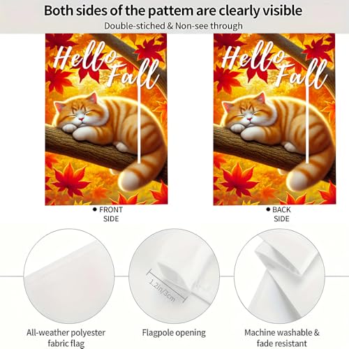 Hello Fall Garden Flag 12x18 Inch - Cute Cat & Maple Leaves
