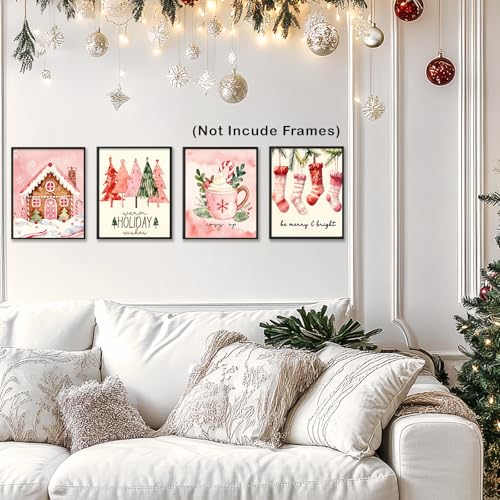 Pink Christmas Tree Gingerbread House Wall Art Prints Set of 4 - Holiday Decor