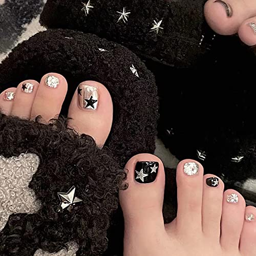 Onsdag Press on Toenails Black Designs 24 Pcs Glossy Square False Toe Nails