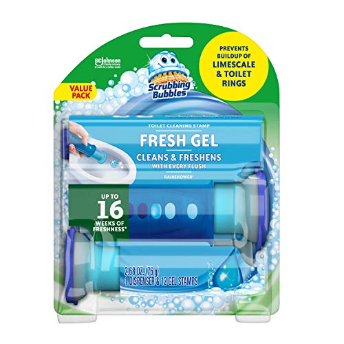 Scrubbing Bubbles Fresh Gel Toilet Cleaning Stamp, Rainshower, Dispenser with 12 Gel Stamps, 2.68 oz