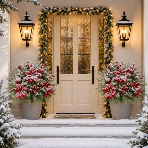 Artificial Poinsettia Flowers with Velvet Balls for Christmas Decor - 2 Pack, Cedar & Velvet Ball Variation