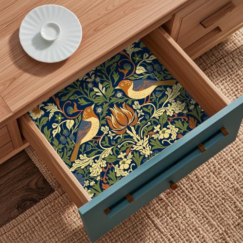 Self Adhesive Vintage Bird Shelf Liner Dark Blue 17.3"W x 78.7"L - Waterproof Drawer & Cabinet Cover