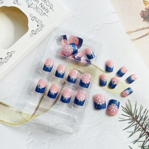 Christmas Press On Nails Short Square Blue Glitter French Fake Nails