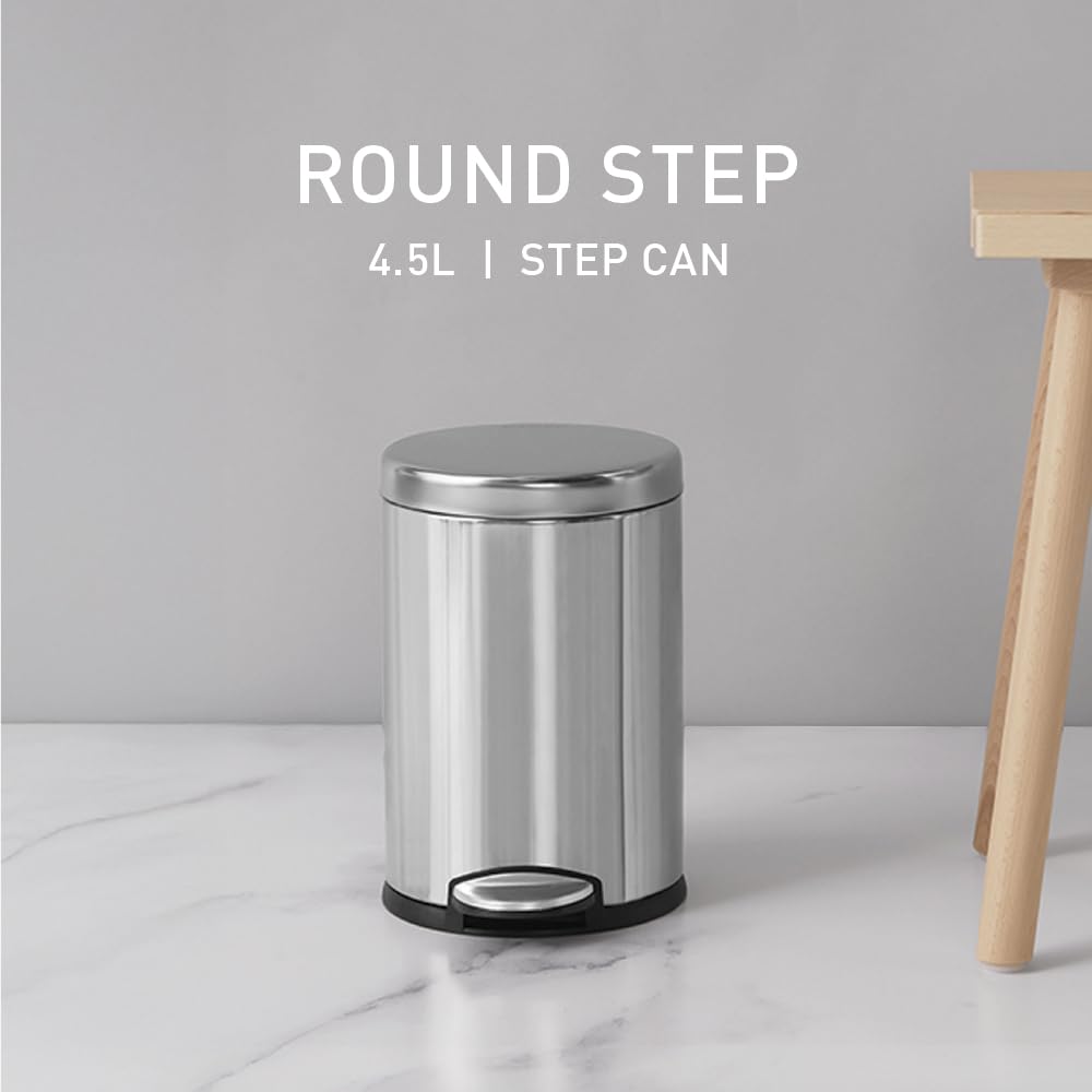 Simplehuman Round Bathroom Step Trash Can - 4.5 Liter | Brushed Stainless Steel Design