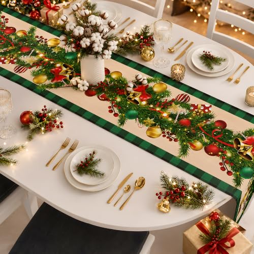 Christmas Ornament Bells Table Runner - Rustic Holiday Decor with Pine & Bells - 73x13 Inches