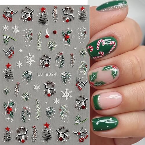 Christmas Nail Art Stickers 3D Embossed Winter Holiday Decals 4 Sheets