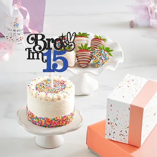 Brother I'm 15 Cake Topper - Glitter Happy 15th Birthday Decoration | Blue & Black