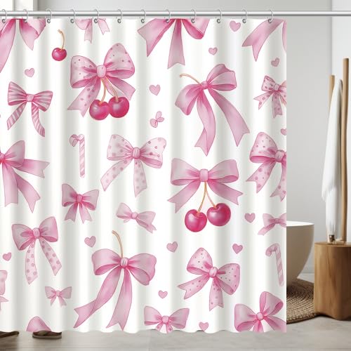 Pink Bow Shower Curtain 72x72 Inch with Cherry Design & Hooks