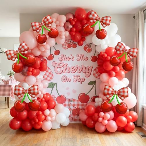 Red Plaid Cherry Foil Balloons - Fruit Theme Party Supplies, 6 Pack