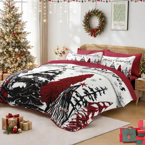 Queen Christmas Quilt Set with Tree Plaid Pattern - 7 Pieces Winter Bedding - Variation: Christmas Trees 1