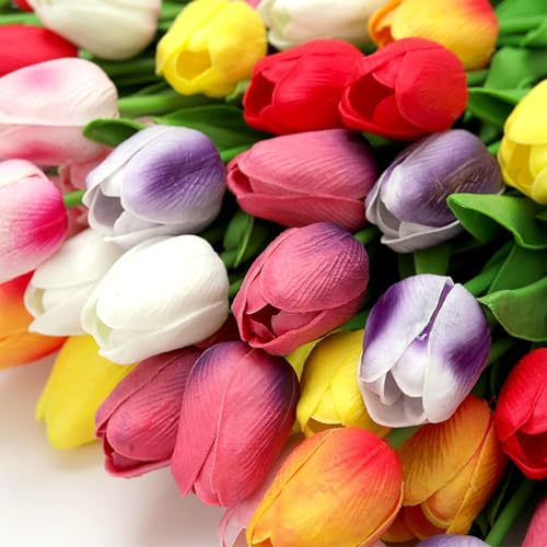 Colorful 15PCS Real Touch Artificial Tulips - 14" Silk Faux Flowers