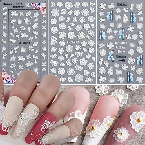 5D White Flower Nail Art Stickers Holographic Embossed Floral Decals