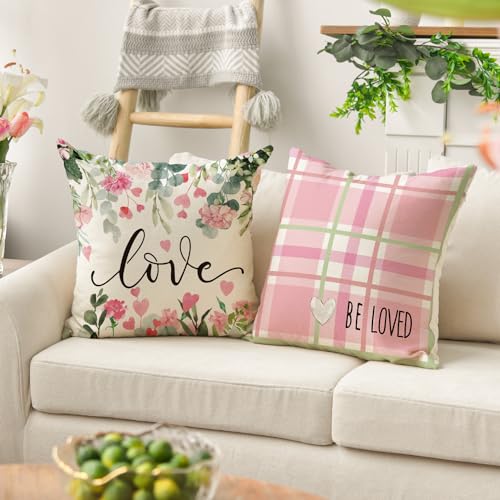 AVOIN colorlife Mother's Day Pink Throw Pillow Covers - Set of 4, 18x18 Inch Floral Cushion Cases for Sofa